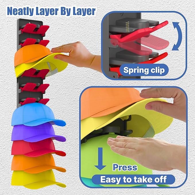 Hat Organizer for Baseball Caps 2 Packs with Built Spring Clips - Wall Mount Closet Hat Rack Holder, Storage for Wall Door/Cl