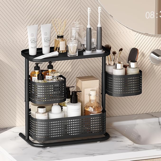 3 Tier Bathroom Counter Organizer, Rotating Countertop Vanity Storage Cabinet with Standing Shelf, Cosmetic Holder for Skinca
