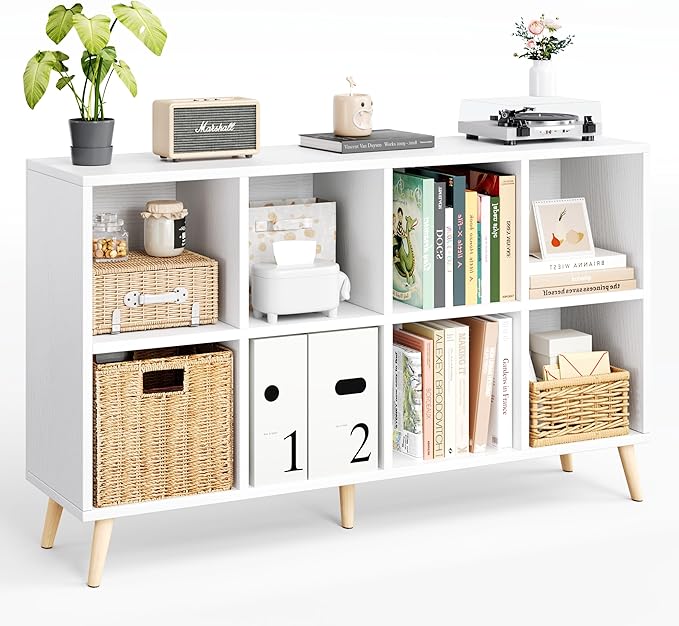 Flrrtenv 8-Cube Bookshelf 2 Tier Modern Bookcase with Legs, 11in Shelf Opening, 47" Wood Bookshelves Storage Organizer Shelf,