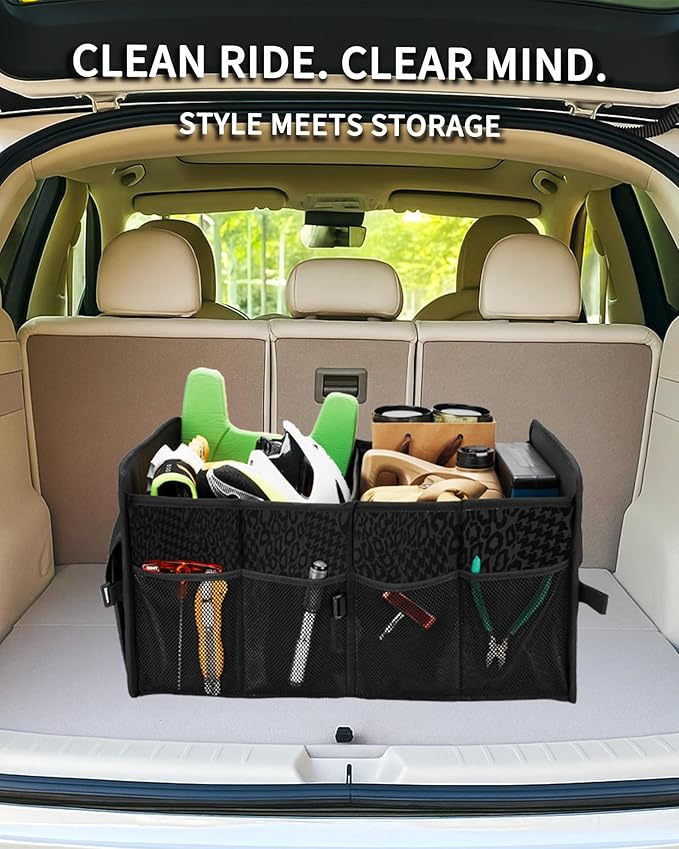 Sturdy Car Trunk Organizer - Large Capacity Trunk Organizer for SUVs & Sedans, Hard-Shell One-Piece Design with Cute Print,
