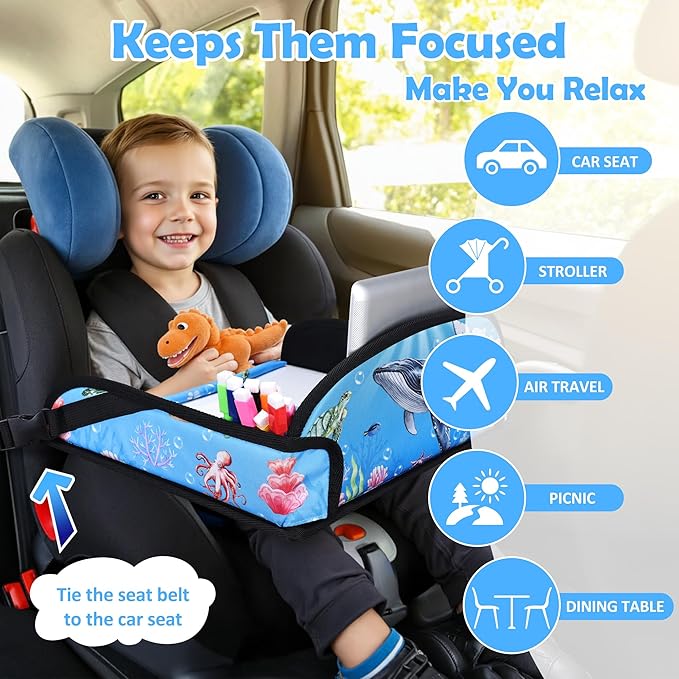 Kids Travel Tray for Toddler Carseat, Road Trip Activities Essentials for Toddler, Kids Lap Desk Tray with Tablet Holder Stand ＆ Dry Erase Board (Whale)