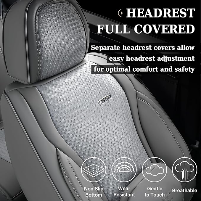 Coverado Seat Covers, Car Seat Covers Front Seats, Waterproof Nappa Leather Auto Seat Cover with Lumbar Head Pillow, Gray Sea