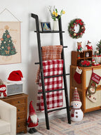 Black Blanket Ladder with Top Shelf for the Living Room - 67in Decorative Wooden Blanket Holder, 5 Tier with Side Hooks for H