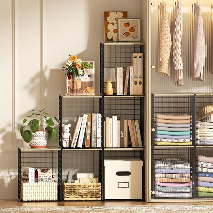Taller Closet Organizers and Storage with Wood Top, Set of 3 Stackable Wire Storage Bins for Clothes, Bags, Towels, Double St