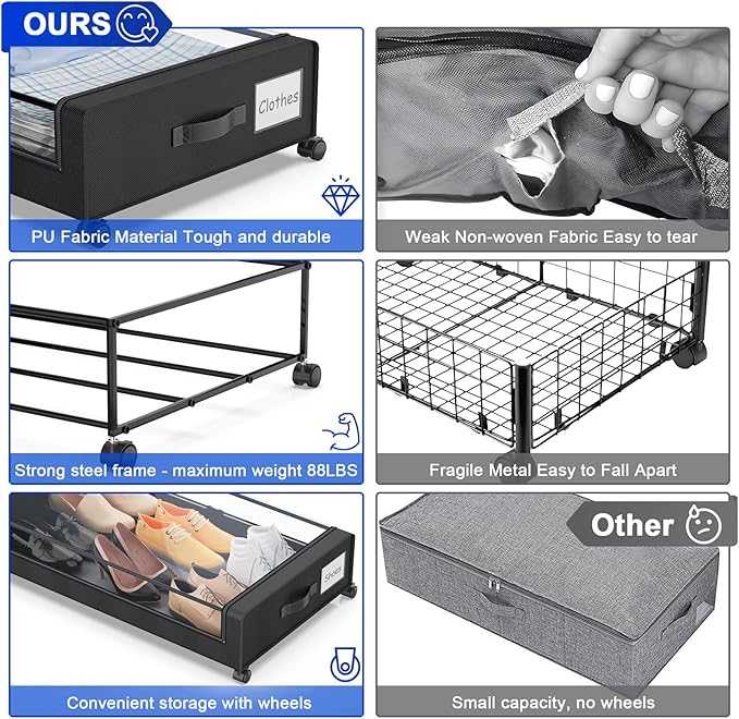 Beborxue Under Bed Storage with Wheels, 4-Pack UnderBed Storage Containers with Clear Lids, XXL 60L Under the Bed Storage Org