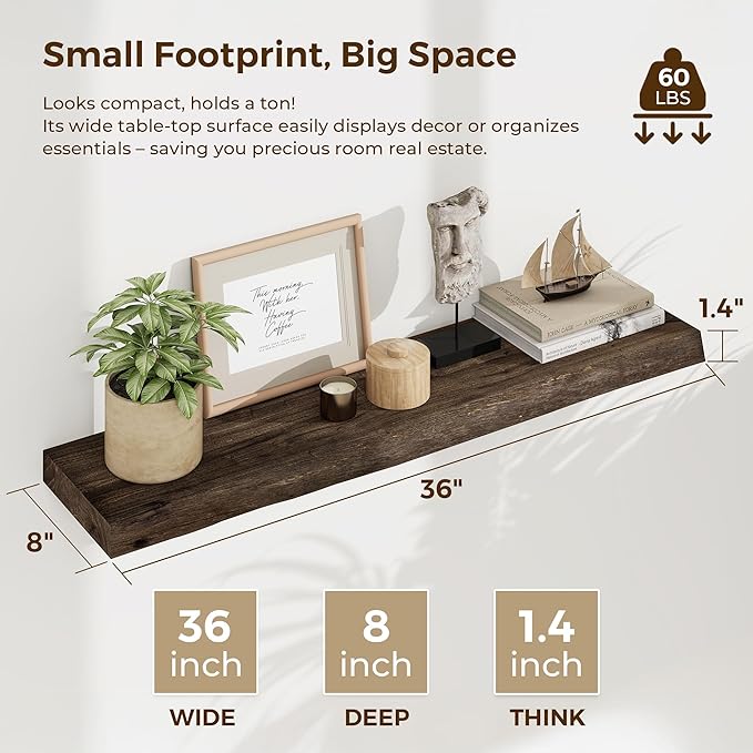 Dreamland Wood Floating Shelves 36 Inch Long, Rustic Solid Elm Wood Live Edge Shelves for Home Decor, 8 Inch Deep Wall Shelf 