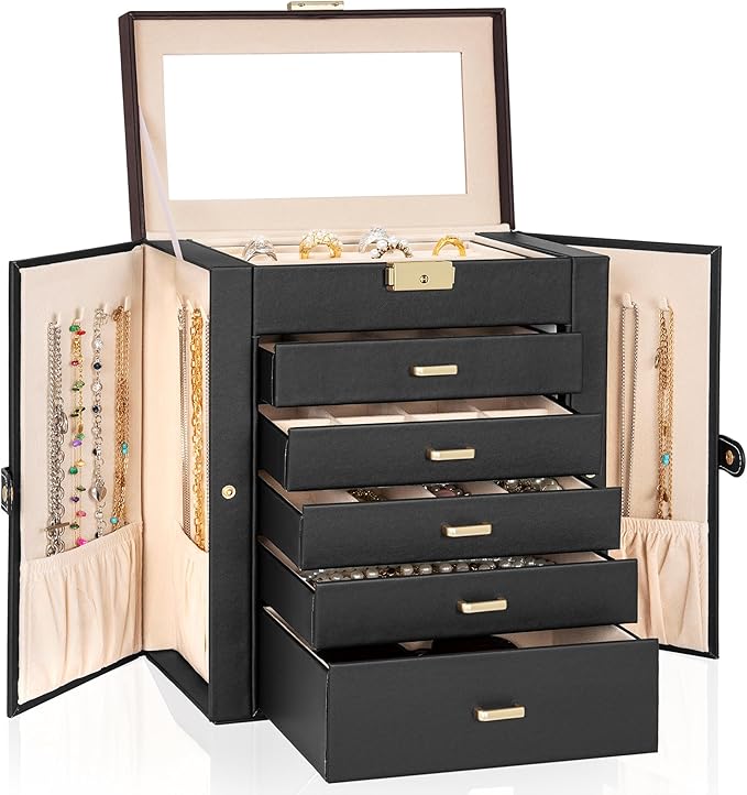 AKOZLIN Large 6-Tier Jewelry Box Lockable Leather Jewelry Storage Case with 5 Drawers for Women Girls Ring Necklace Earring B
