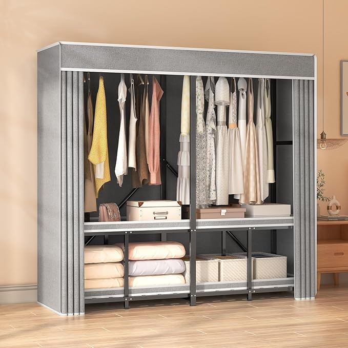 Foldable Wardrobe Closet, Clothes Rack with Cover for Bedroom, Portable Metal Closet Organizer, Thick Steel Tubes, Heavy Duty