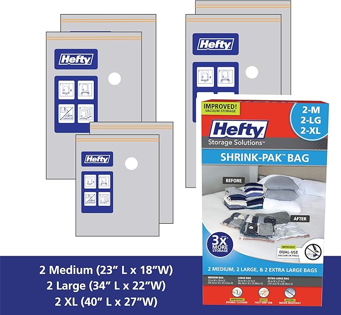Hefty Shrink-Pak - 2 Medium, 2 Large, 2 XL Vacuum Seal Storage Bags – Space Saver Bags for Clothing, Pillows, Towels, or Blan