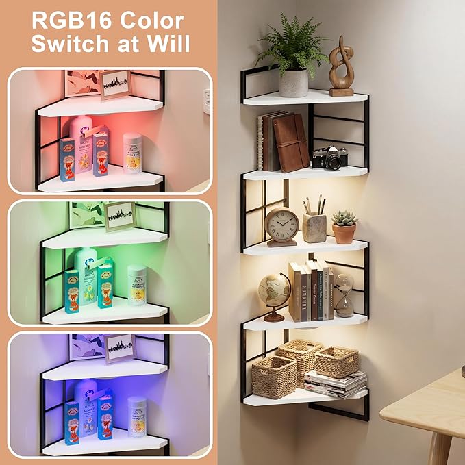 Corner Floating Shelves with Lights - 5 Tiers Corner Shelf Wall Mounted, Bookshelf with LED Light, Floating Shelves for Wall,