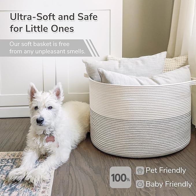 INDRESSME XXXLarge Cotton Rope Basket 21.7" x 21.7" x 13.8" Woven Baby Laundry Basket for Blankets Toys Storage Baskets with 