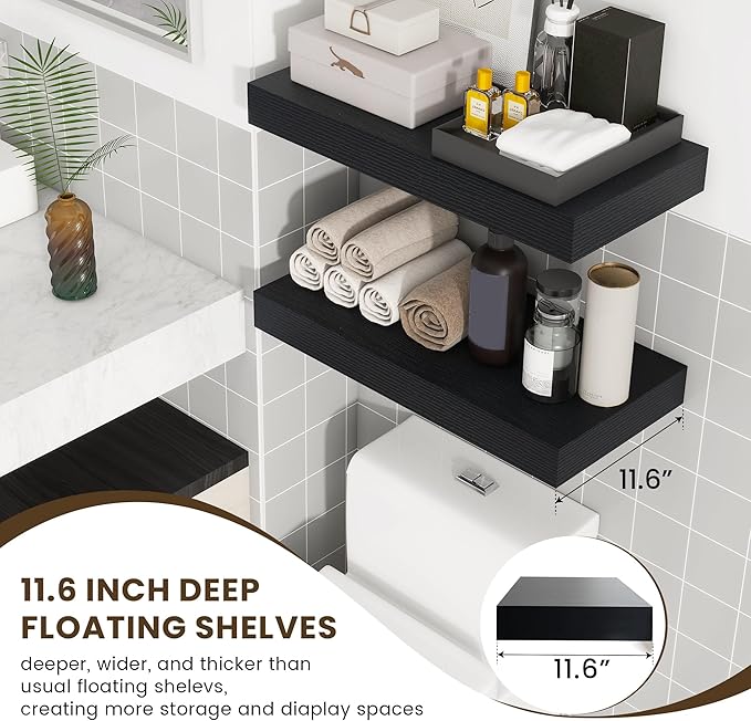 Deep Floating Shelves | 24 Inch Black Floating Shelves Set of 2 | 12 Inch Deep Rustic Wood Shelves for Wall | 24" W x 12" D B