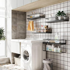 Black Wood Floating Shelves Wall Mounted - 3+1 Tier Rustic Bathroom Wall Shelves Over Toilet with Wire Storage Basket and Tow