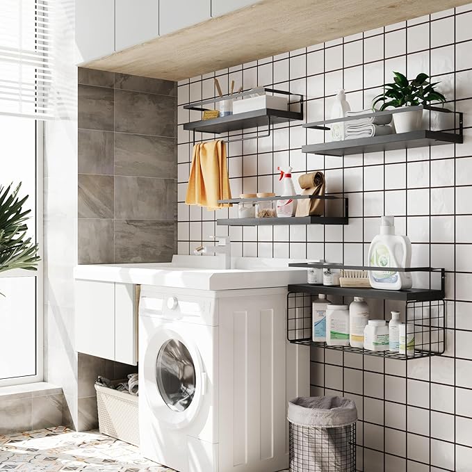 Black Wood Floating Shelves Wall Mounted - 3+1 Tier Rustic Bathroom Wall Shelves Over Toilet with Wire Storage Basket and Tow