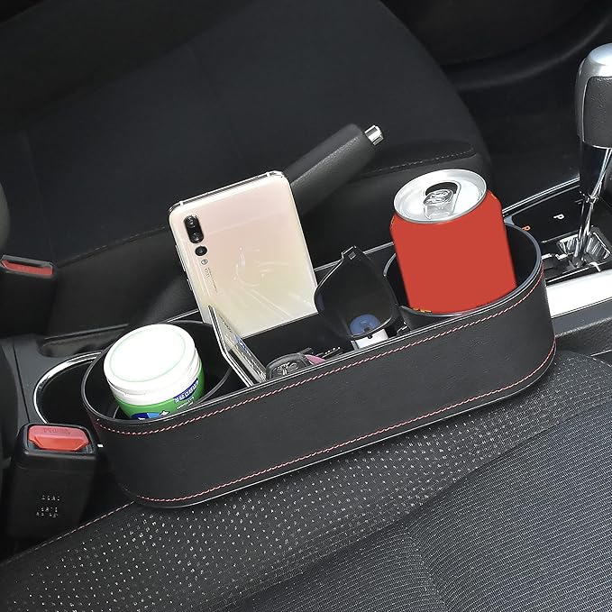 Iokone Coin Side Pocket Console Side Pocket Leather Cover Car Cup Holder Auto Front Seat Organizer Cell Mobile Phone Holder (Slim-Black)