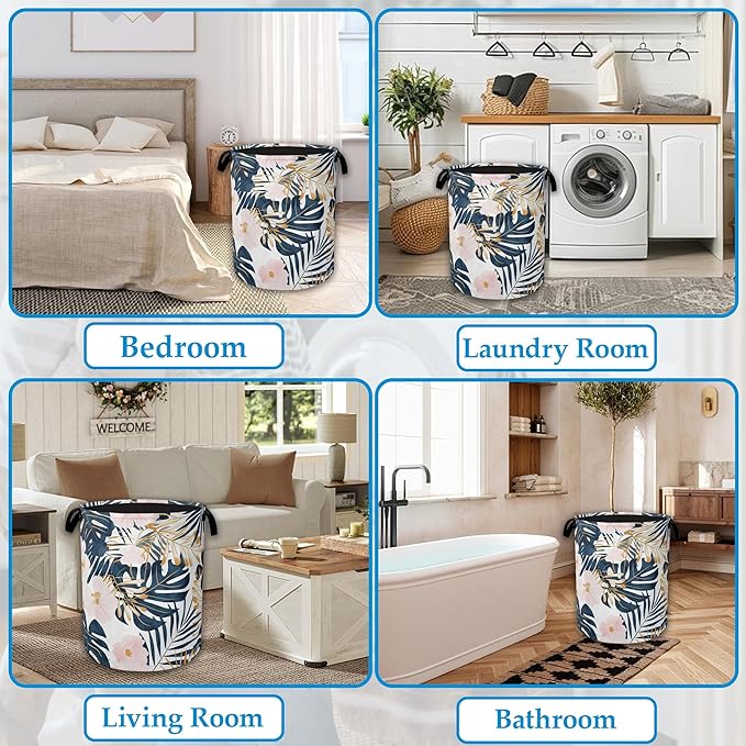 Palm Leaves Flowers Laundry Basket Collapsible Laundry Hamper Clothes Toy Storage Bin for Bathroom Bedroom Room Decor 16" X 2