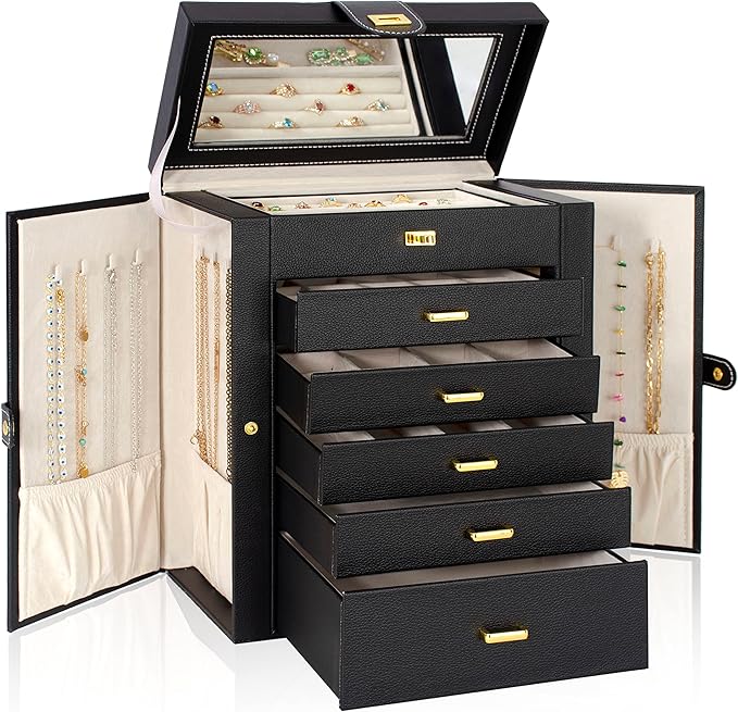 AKOZLIN Large Jewelry Box Organizer Functional with Big Mirror, Leather Jewelry Storage Case for Women Girls Ring Necklace Ea