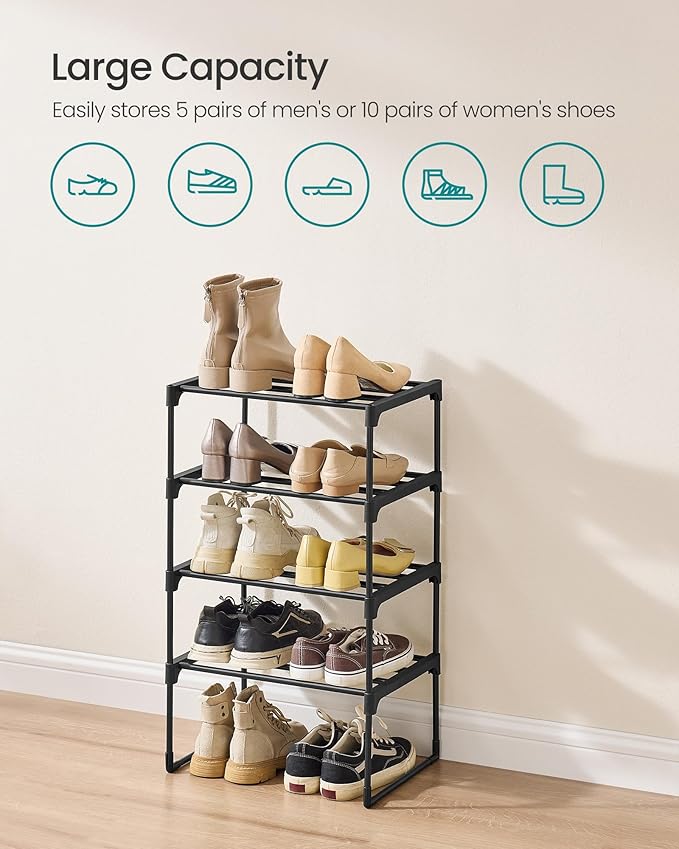 SONGMICS Shoe Rack, 4-Tier Shoe Organizer, Metal Storage Shelf, Upright or Upside Down, for 5-10 Pairs, Stackable, for Entryw