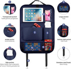 LUCMO Car Backseat Organizer with Tablet Holder-2 Pcs,6 Storage Pockets Car Storage Organizer with Foldable Food Tray,Protectors Kick Mats Travel Accessories-Dark Blue
