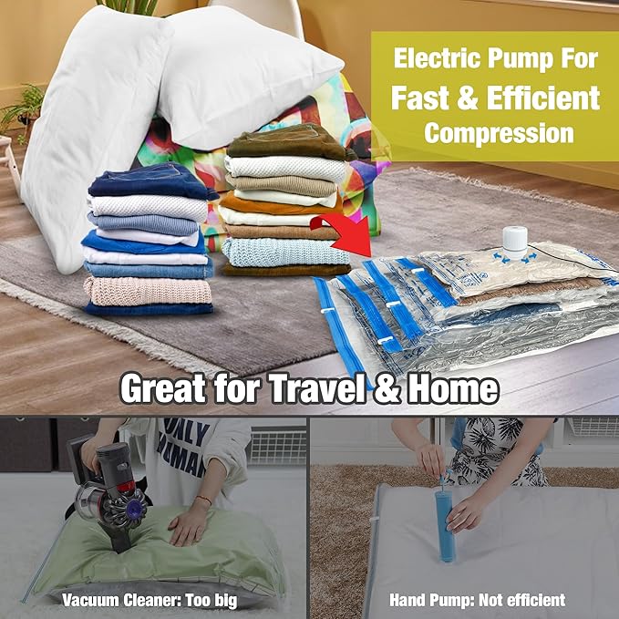 HIBAG Vacuum Storage Bags with Electric Pump, Vacuum Seal Bags for Clothing, Pillows, Blanket Bedding Comforters, 10 pack Lar