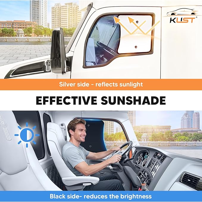 KUST 20''x16.9'' Side Window Sun Shade for Semi Truck, Kenworth T680 / T880 / W990 (All Years) Black&Silver Side Window Shade for T680 / T880 / W990, Sunshade with Suction Cup, Glare Sun UV Rays 2PCS