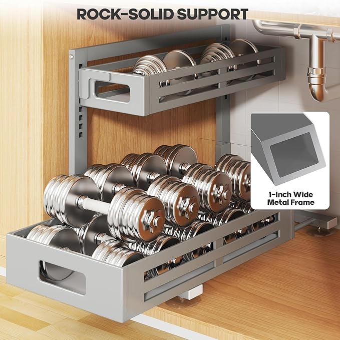 2 Pack 19IN-Depth Under Sink Organizer,Pull Out Cabinet Organizer With Smooth Cylindrical Rail,Metal Slide Out Drawer for Kit