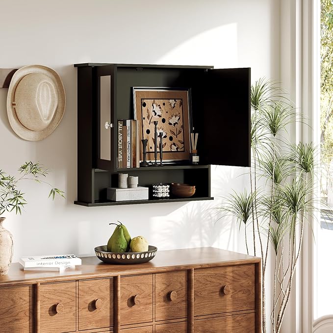 VINGLI Black Medicine Cabinet with Mirror, Wall Mounted Bathroom Cabinet with Open Shelf, 2-Door Hanging Storage Organizer Ov