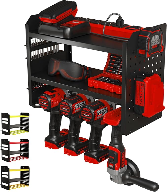 BUILTSTRONG Power Tool Organizer Wall Mount - 3-Tier Heavy-Duty Metal Hand Tool Storage Rack, Utility Racks, Drill Holder, Pe