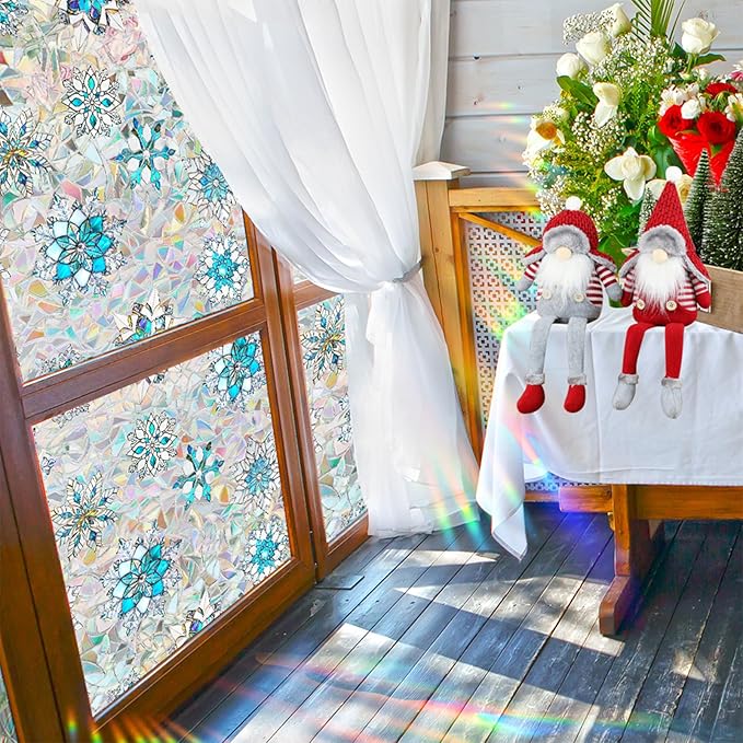 Niviy Christmas Window Clings, Stained Glass Window Film for Xmas Decals Holiday Snowflake Christmas Home Office Decorations for Indoor Outdoor (16.93 x 39.37inch)