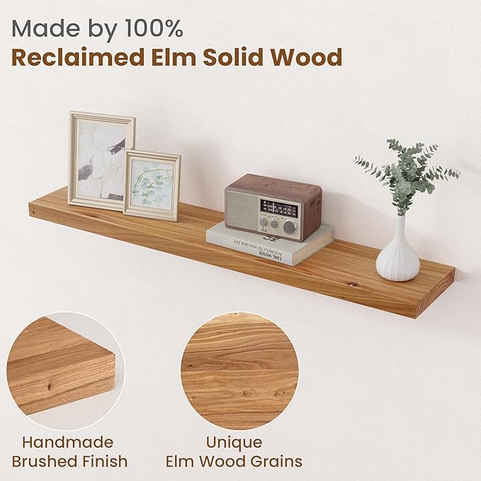 Floating Shelves for Wall Decor, 8" Deep Rustic Solid Elm Wood Floating Shelves Wall Mounted, Wall Shelves with Invisible Bra