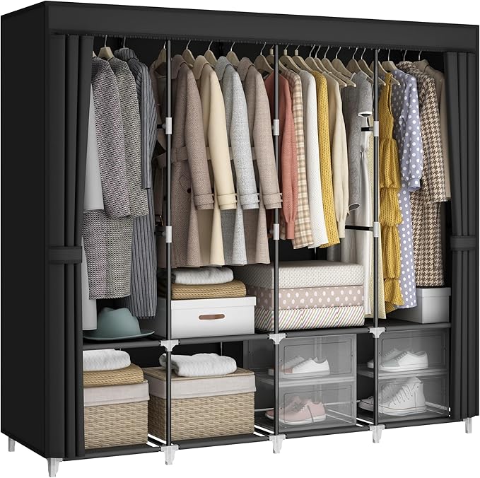 MOGELAFOO Portable Closet Wardrobe, 67-Inch Clothes Organizer with 4 Hanging Rods and 8 Shelves, Non-Woven Fabric Cover, Larg