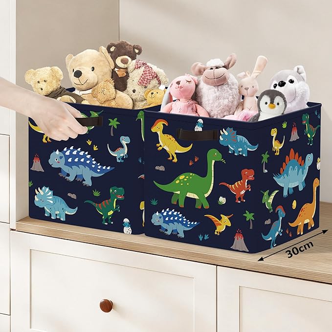 Clastyle 3 pcs Dinosaur Cube Storage Unit Bin with Metal Frame Volcano Kallax Box for Shelves Parents Closet Organizer Basket