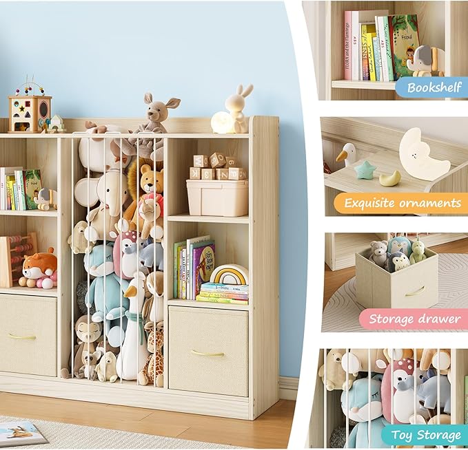 EXPERLAM Toy Storage Organizer with Stuffed Animal Storage, Wooden Toy Organizer & Stuffed Animal Zoo, 6 Cubes Shelf with Rem