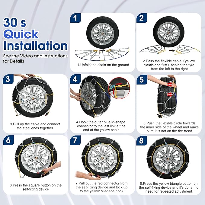 Auto-Fixing Snow Chains, 30s Quick Fit Easy Installation Tire-Chains, Portable Reusable High Carbon Steel Anti Slip Tire Chai