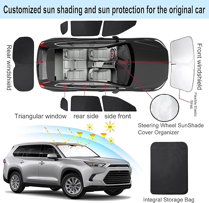 Windshield Sun Shade Car Windshield Foldable Full Windows Coverage Custom Fit for Toyota Grand Highlander XLE 2024-2026 Accessories Window Shades Block Sun UV Rays 8PCS