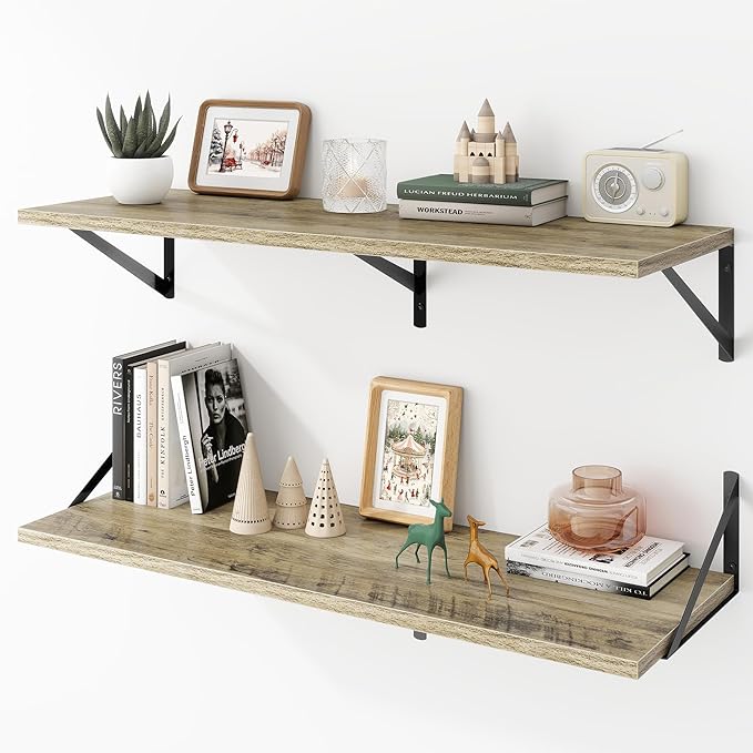 Deep Floating Shelves Wall Mounted, 36"x12" Gray Wall Shelves with Brackets Set of 2 for Bedroom, Living Room, Bathroom, Kitc