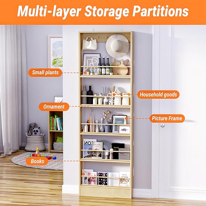 Modern Minimalist Wall-Mounted Bookshelf, Solid Wood Multi-Layer Storage Shelf, 72 Inches High, Space-Saving Design, Ideal fo