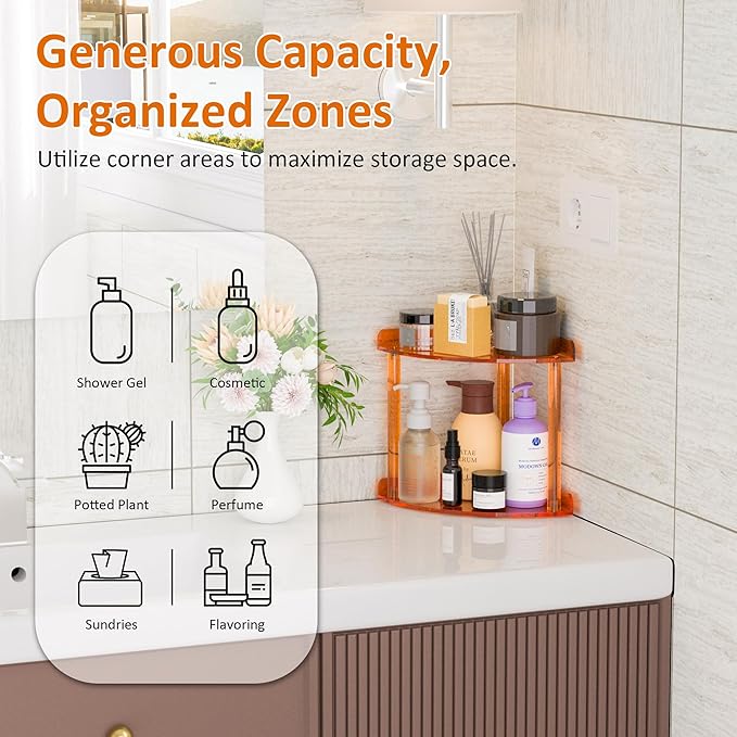 Sezanrpt 2 Tier Countertop Corner Organizer Shelf 7x7x8 Inch, Orange Acrylic Bathroom Corner Shelf for Countertop, Vanity Sto