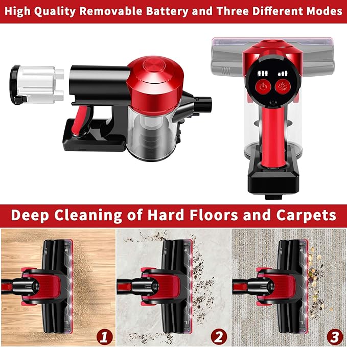 iwoly C150 Cordless Vacuum Cleaner Rechargeable with 2200mAh Detachable Battery, 18000Pa Cyclone Vacuum with HEPA Filter, Lig