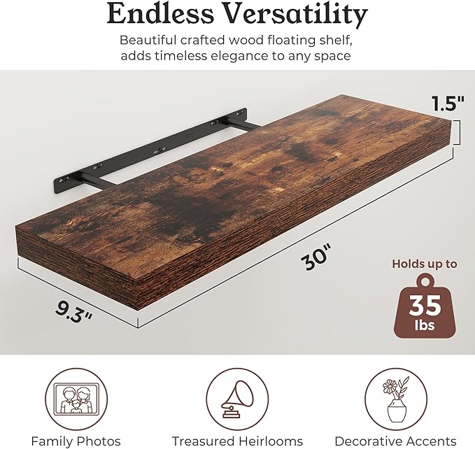 Floating Shelves for Wall, 9.3" Deep Wall Mounted Rustic Wood Shelves for Bathroom, Bedroom, Living Room, Kitchen, Hanging Sh