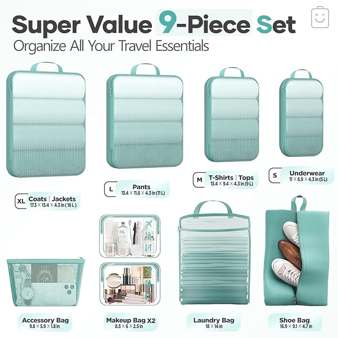 Veken 9/11 Set Compression Packing Cubes for Travel Essentials,Compressible Expandable Large Luggage Suitcase Organizer Bags 