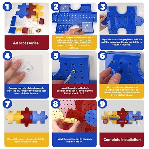 PTSGCAI 3-Pack Plastic Pegboard Panels Durable Modular Organizer Boards with 12pcs Combination Kit for Wall Storage, Garage, 
