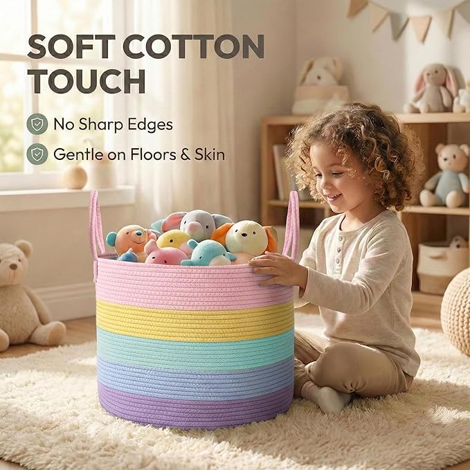 JMvicyroam 115L Extra Large Blanket Basket for Living Room - Woven Cotton Rope Laundry Hamper with Reinforced Handles - Stora