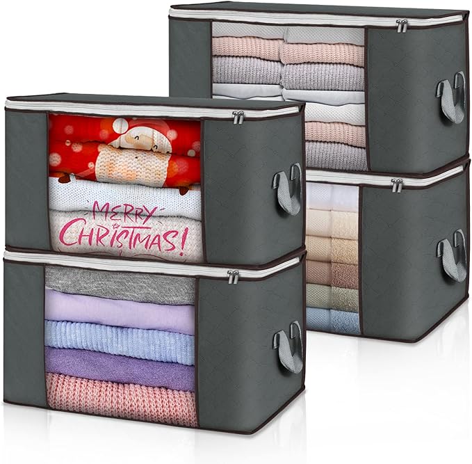 Large Storage Bags, 4 Pack Clothes Storage Bins Foldable Closet Organizers Storage Containers with Durable Handles Thick Fabr