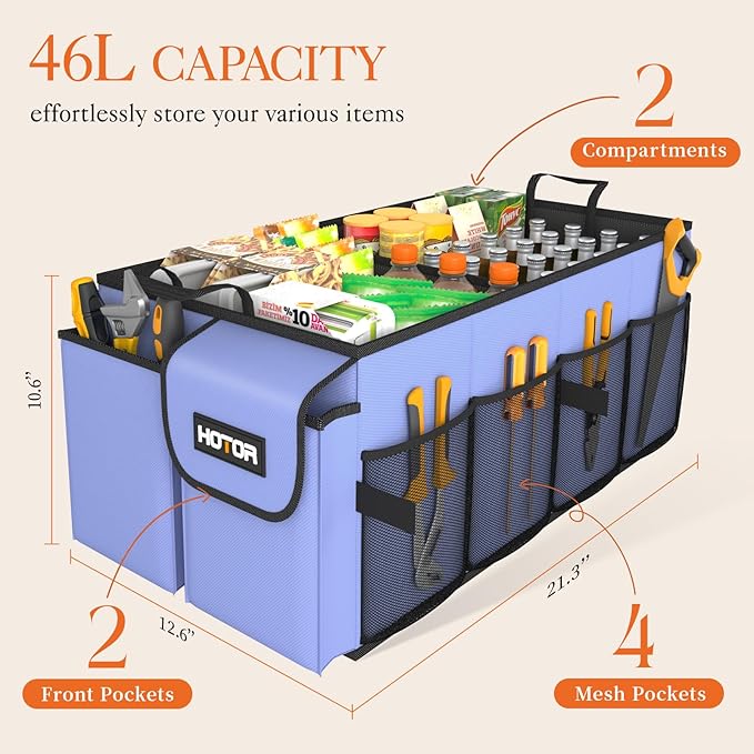 HOTOR Large-Capacity Trunk Organizer - Foldable for SUVs & Sedans, Sturdy Organization for Car Accessories, Tools, Sundries,