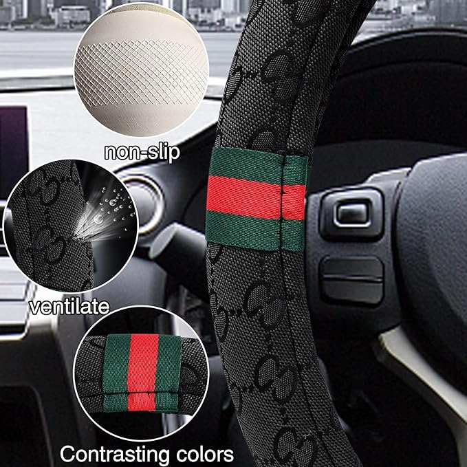 5PCS Steering Wheel Cover, with 2 Headrests, 2 Seat Belt Covers - Universal Fit for 14.5-15" Steering Wheel, Enhances Driving Experience - Perfect for Women (Black)