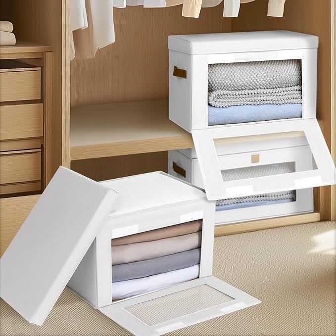 Homsorout Large Clothing Storage Bins - Collapsible Boxes with Handles & Window, Decorative Organizer Bins with Lids, Fabric 