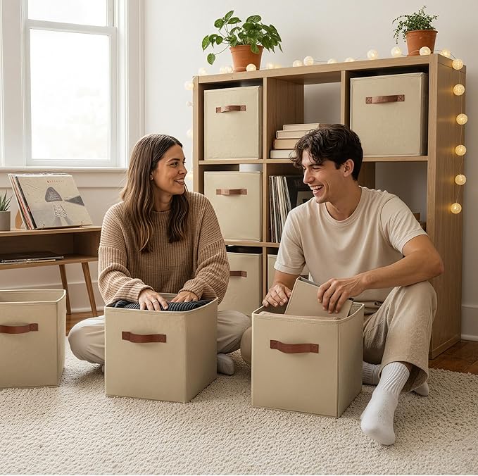 GRANNY SAYS Cube Storage Bins, 11 Inch Cube Storage Organizer with PU Handle, Khaki, Foldable Clothing Organizer Bins, Storag