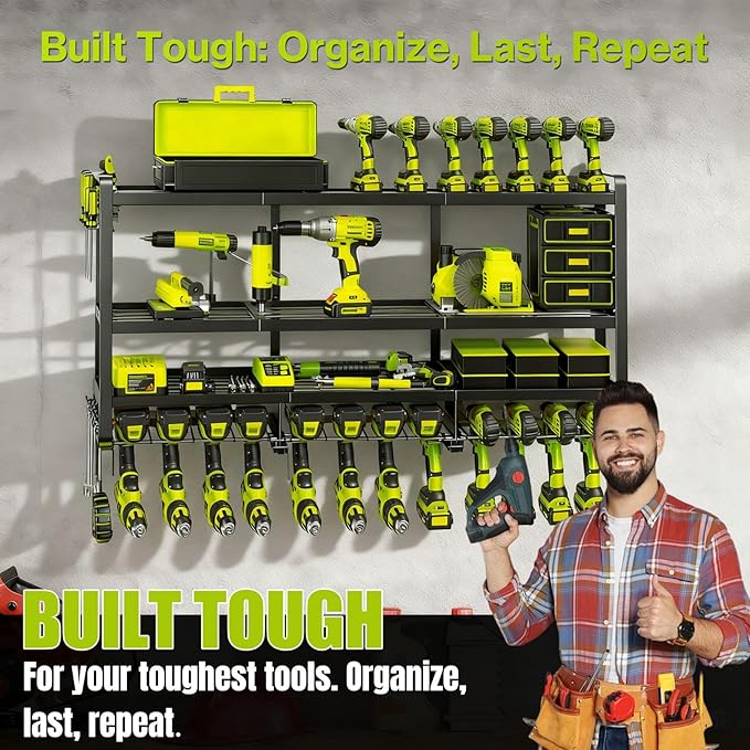 49" Heavy Duty Wall Mount Power Tool Organizer, 4-Tier Storage Rack with 12 Drill Holders & Battery Shelves, 600LBS Capacity 