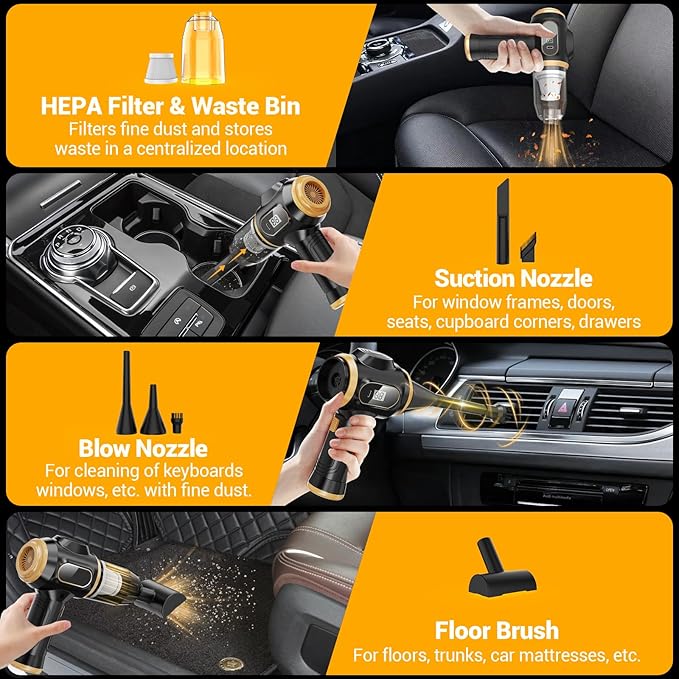 Portable Car Vacuum Cordless Mini Handheld Vacuums Cleaner Rechargeable with LCD Display and Multi-Nozzles, High Power Hand h